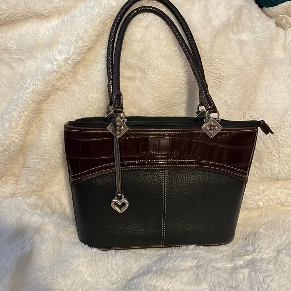 EUC Brighton Leonor Vintage Leather Handbag Black / Brown Croc Embossed